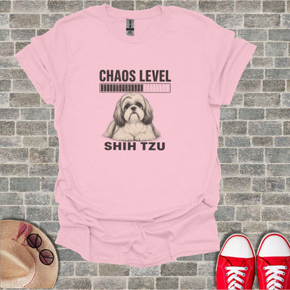 Pink t-shirt with Shih Tzu dog and "Chaos Level" loading bar.