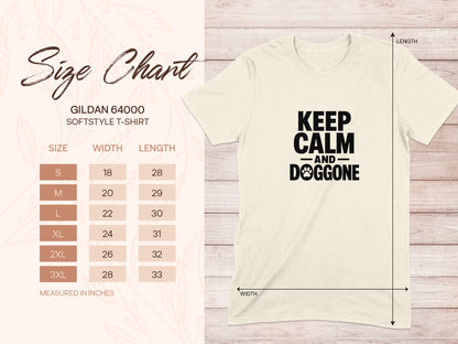 Gildan 64000 t-shirt size chart with "Keep Calm and Doggone" graphic.