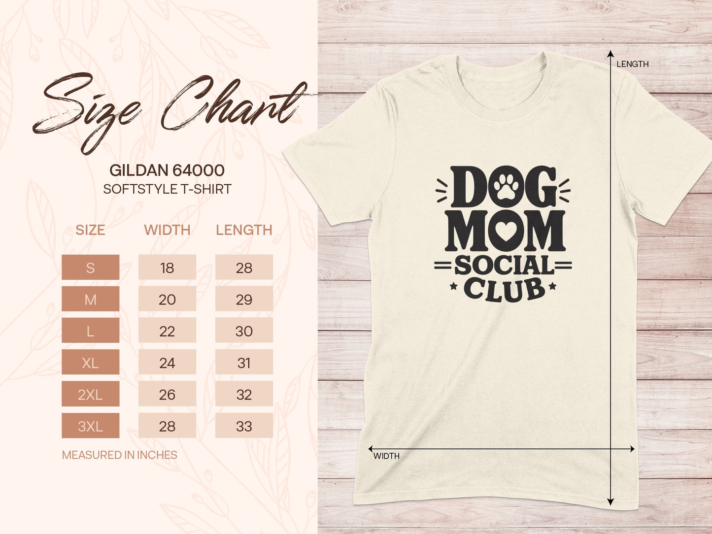 Gildan 64000 softstyle t-shirt size chart with measurements in inches.