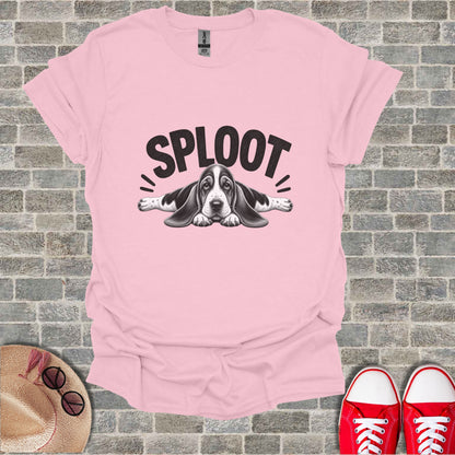 Pink t-shirt with a basset hound dog graphic and the word "SPLOOOT".