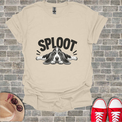 Cream t-shirt featuring a black graphic of a basset hound and the word "SPLOOT".