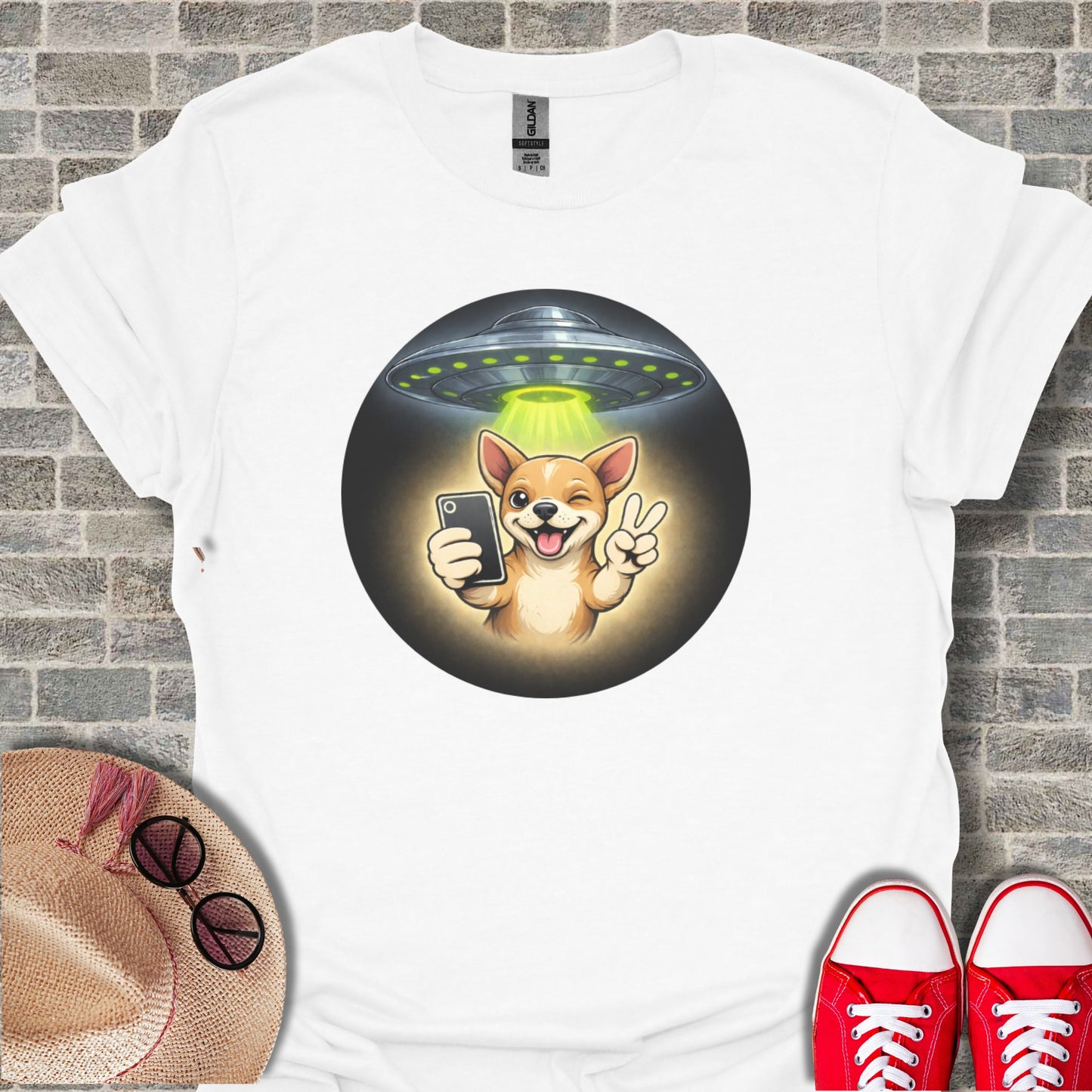 Alien Dog Peace Sign Graphic Tee Shirt Product