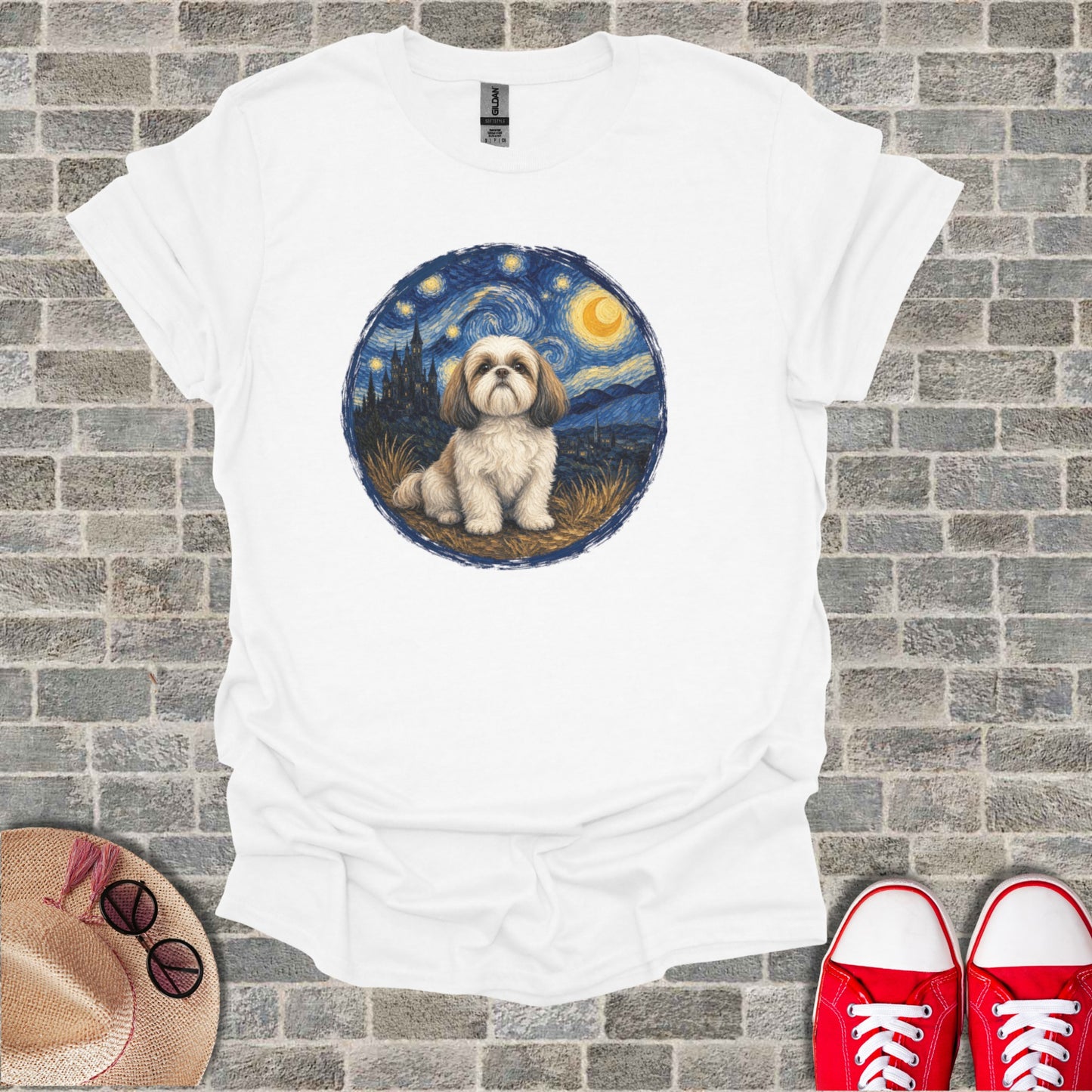 White t-shirt with Shih Tzu dog in Van Gogh's Starry Night style painting.