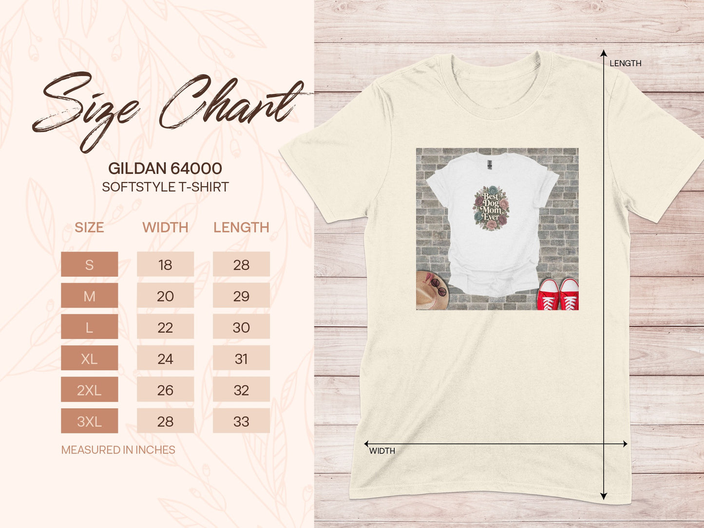 Gildan 64000 t-shirt size chart with measurements for width and length.
