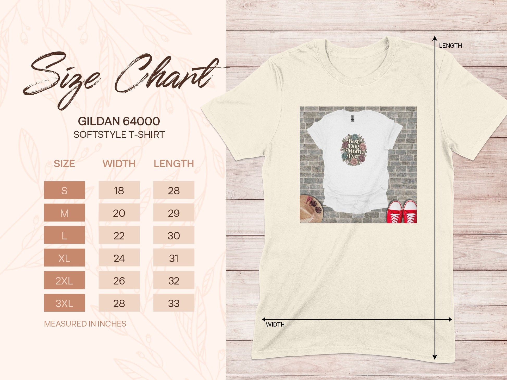 Gildan 64000 t-shirt size chart with measurements for width and length.
