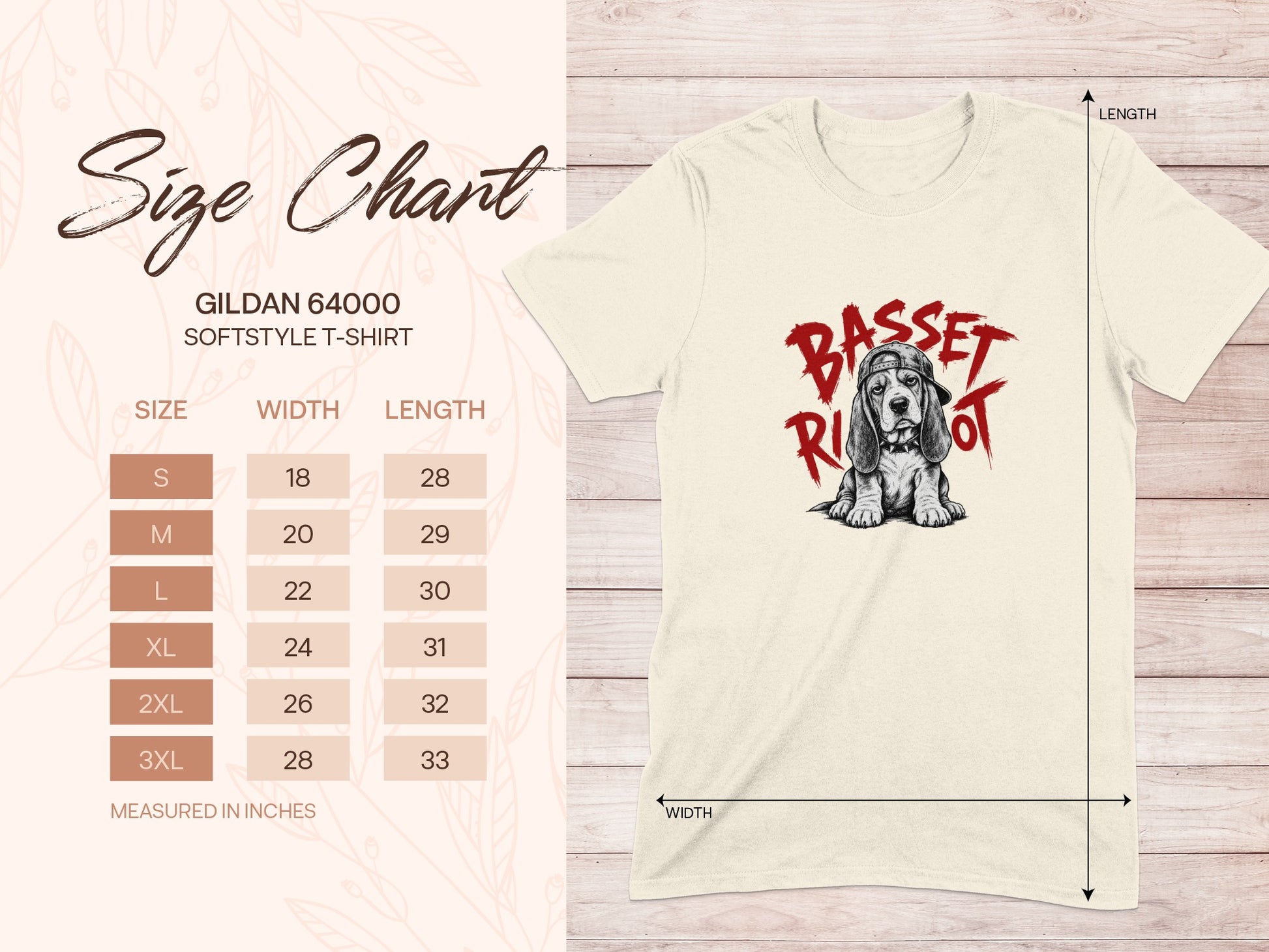 Gildan 64000 t-shirt size chart with Bassett Hound graphic.