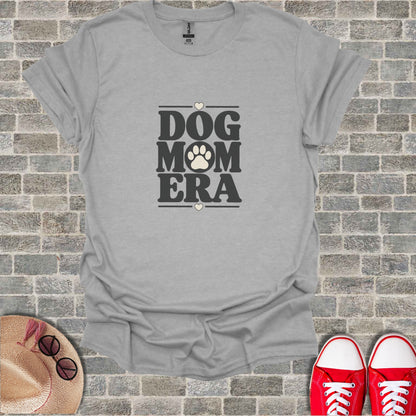 Gray t-shirt with "Dog Mom Era" text and paw print.