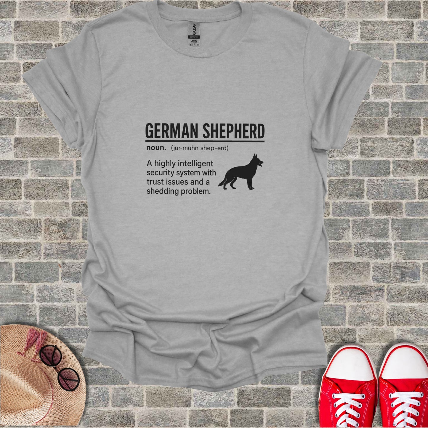 German Shepherd definition with humorous text and silhouette of a dog.