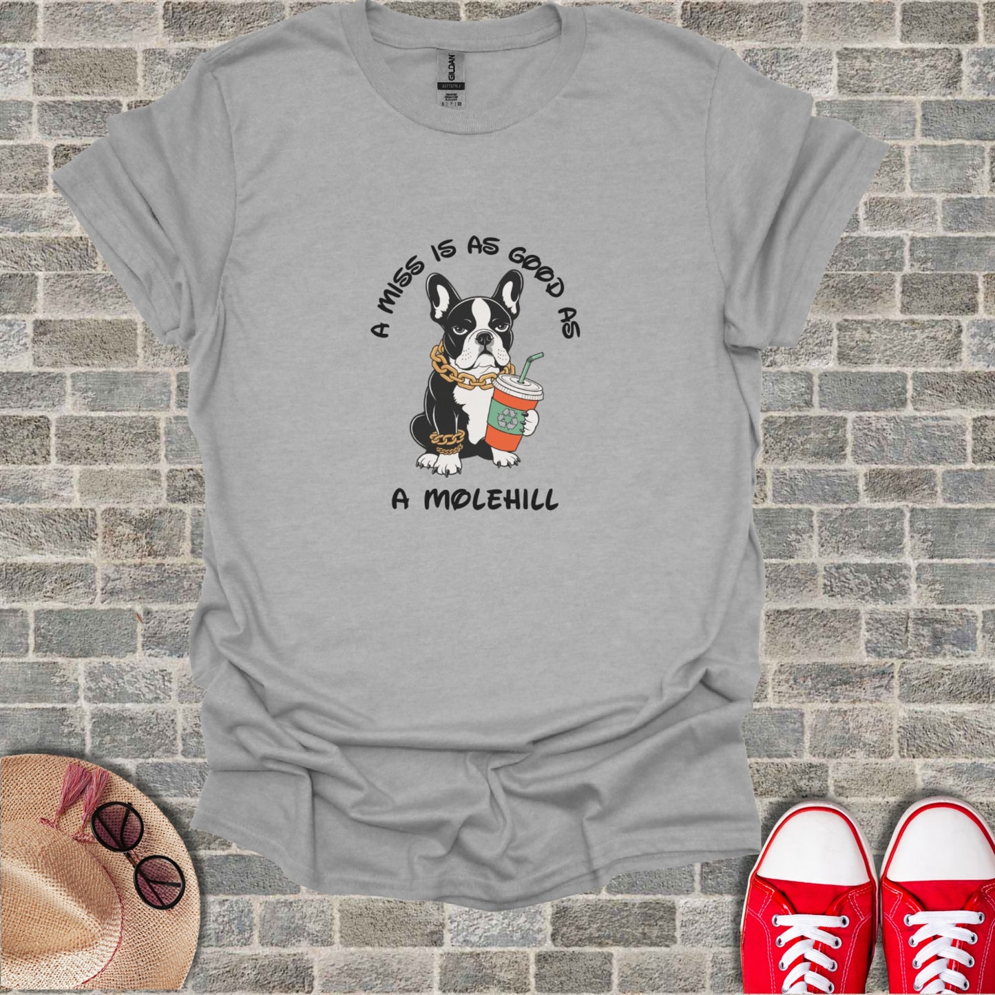 Grey t-shirt with a French bulldog wearing a gold chain holding a coffee cup.