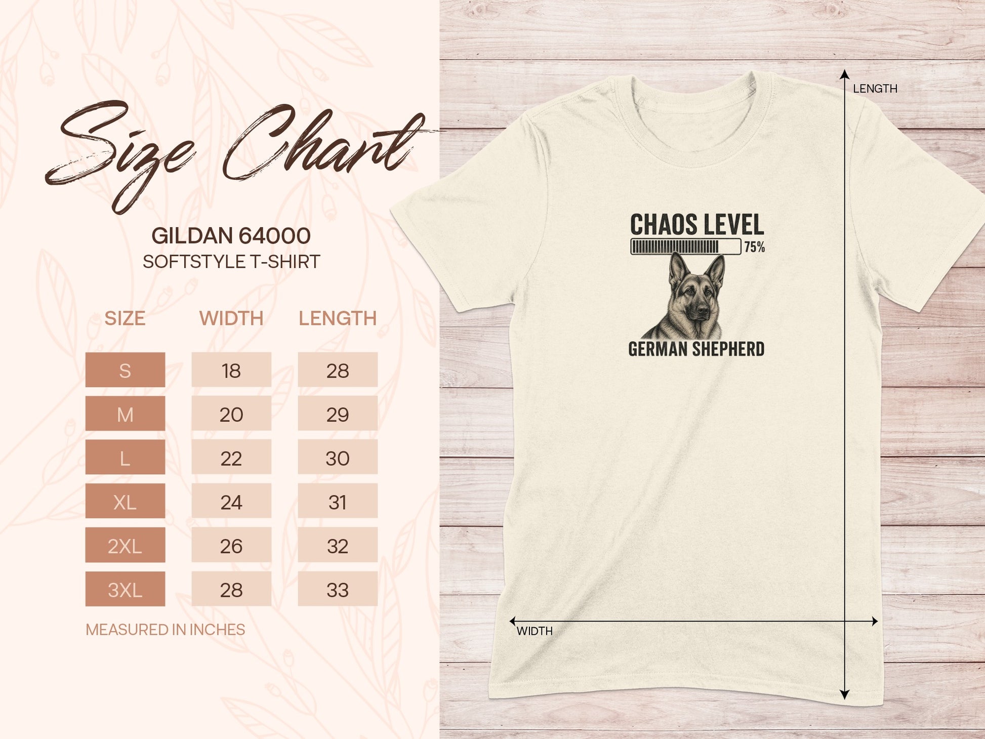 Size chart for Gildan 64000 softstyle t-shirt with German Shepherd graphic.