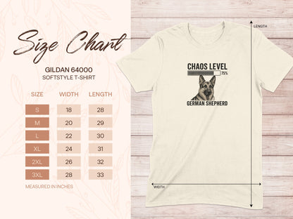 Size chart for Gildan 64000 softstyle t-shirt with German Shepherd graphic.