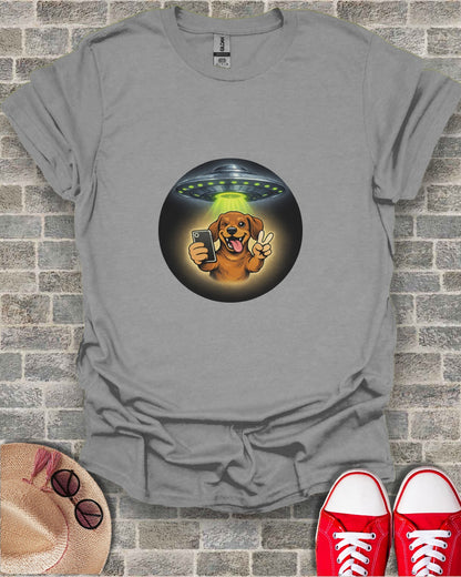 Fun Graphic Tee with Dog and UFO Design T-Shirt