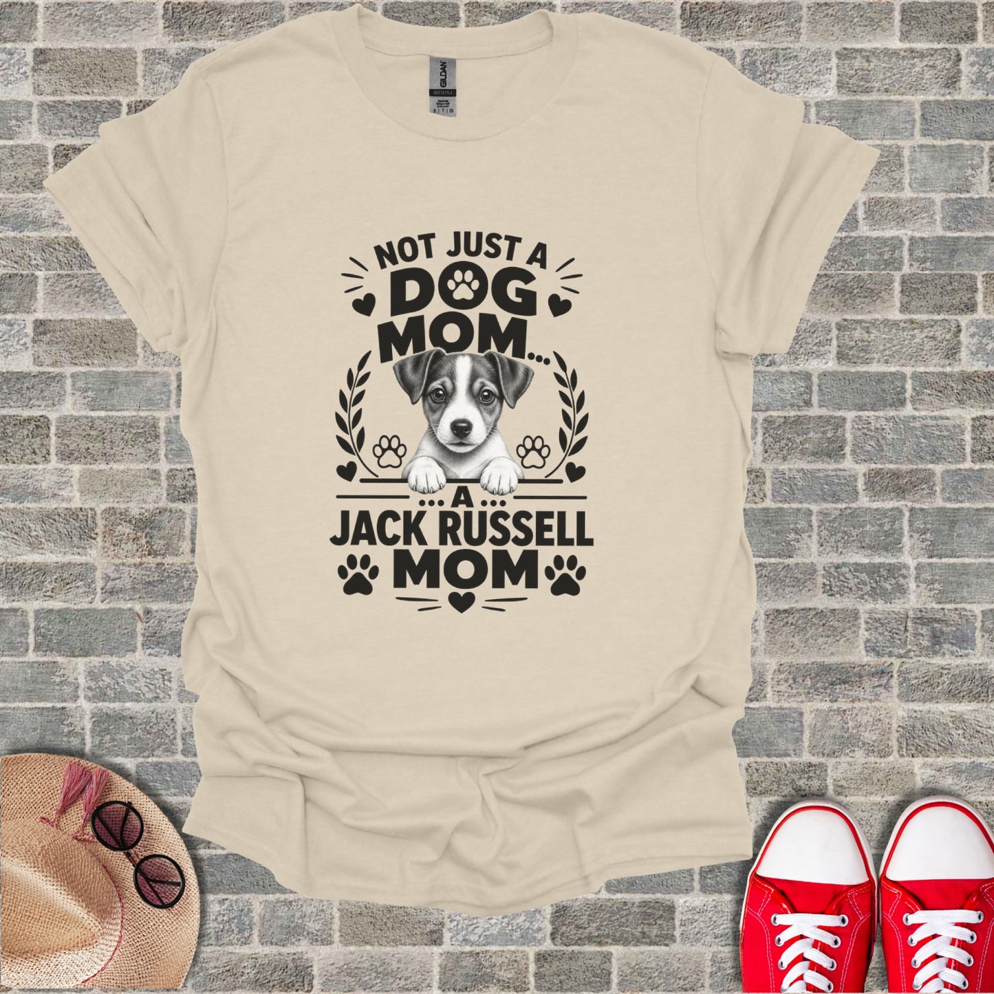 Cream t-shirt with "Not Just a Dog Mom... A Jack Russell Mom" and dog graphic.
