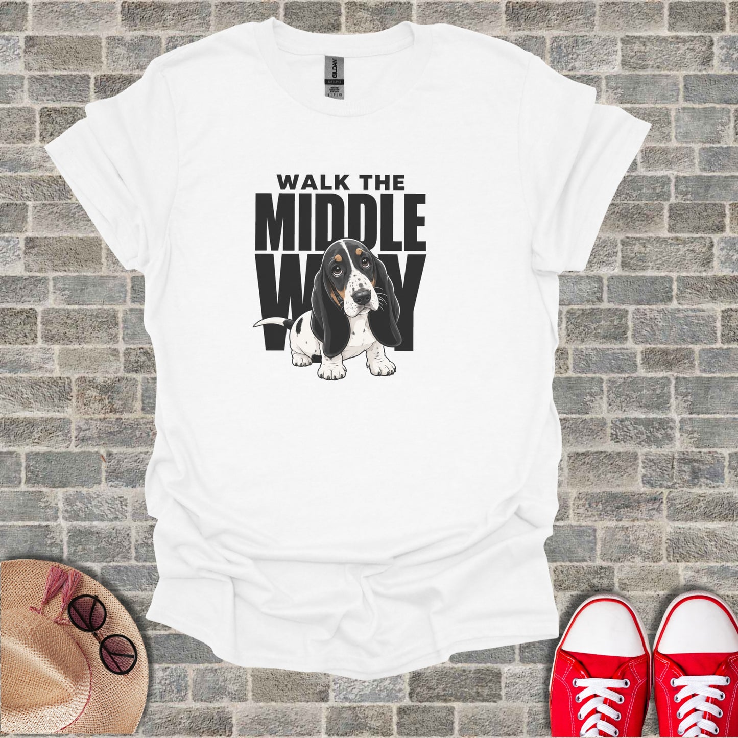 White t-shirt with "WALK THE MIDDLE WAY" and a Basset Hound graphic.