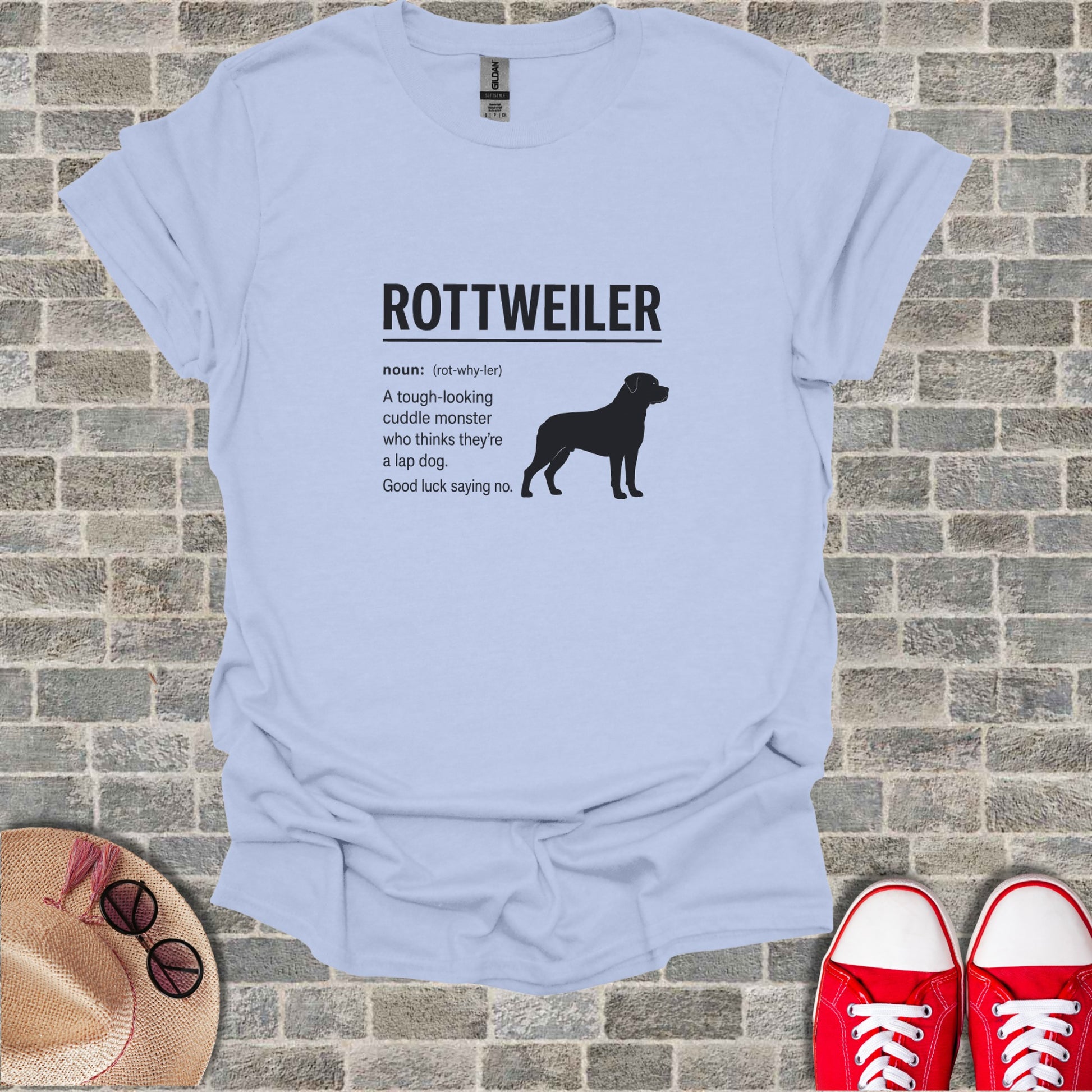 Light blue t-shirt with "ROTTWEILER" text and dog silhouette.