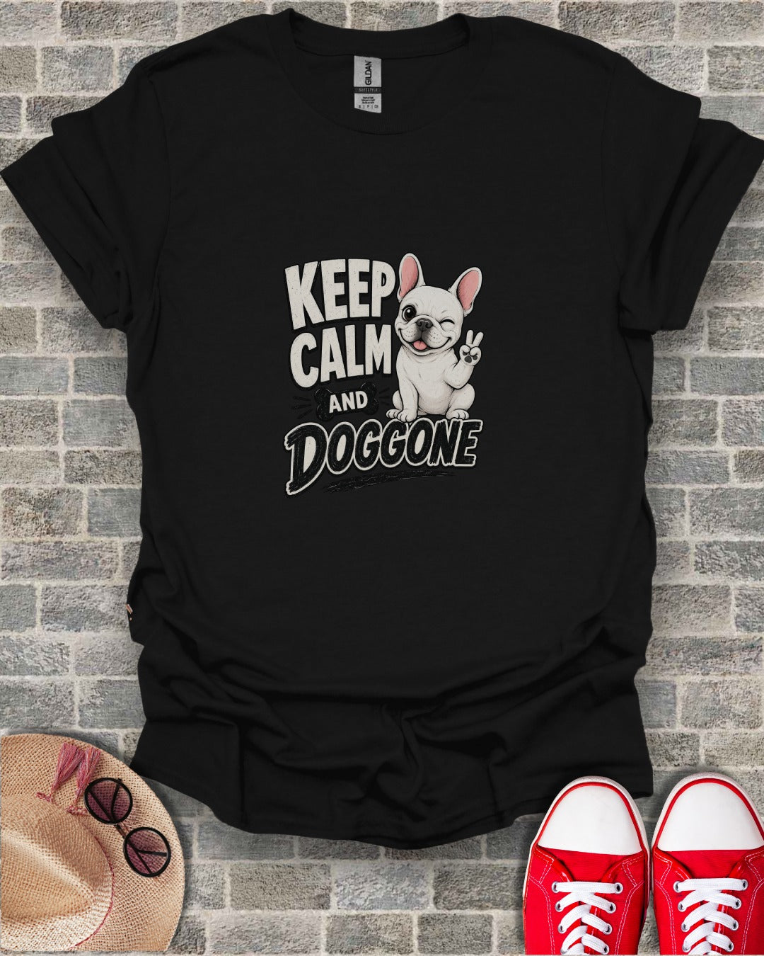 Black t-shirt with "KEEP CALM and DOGGONE" text and French bulldog graphic.