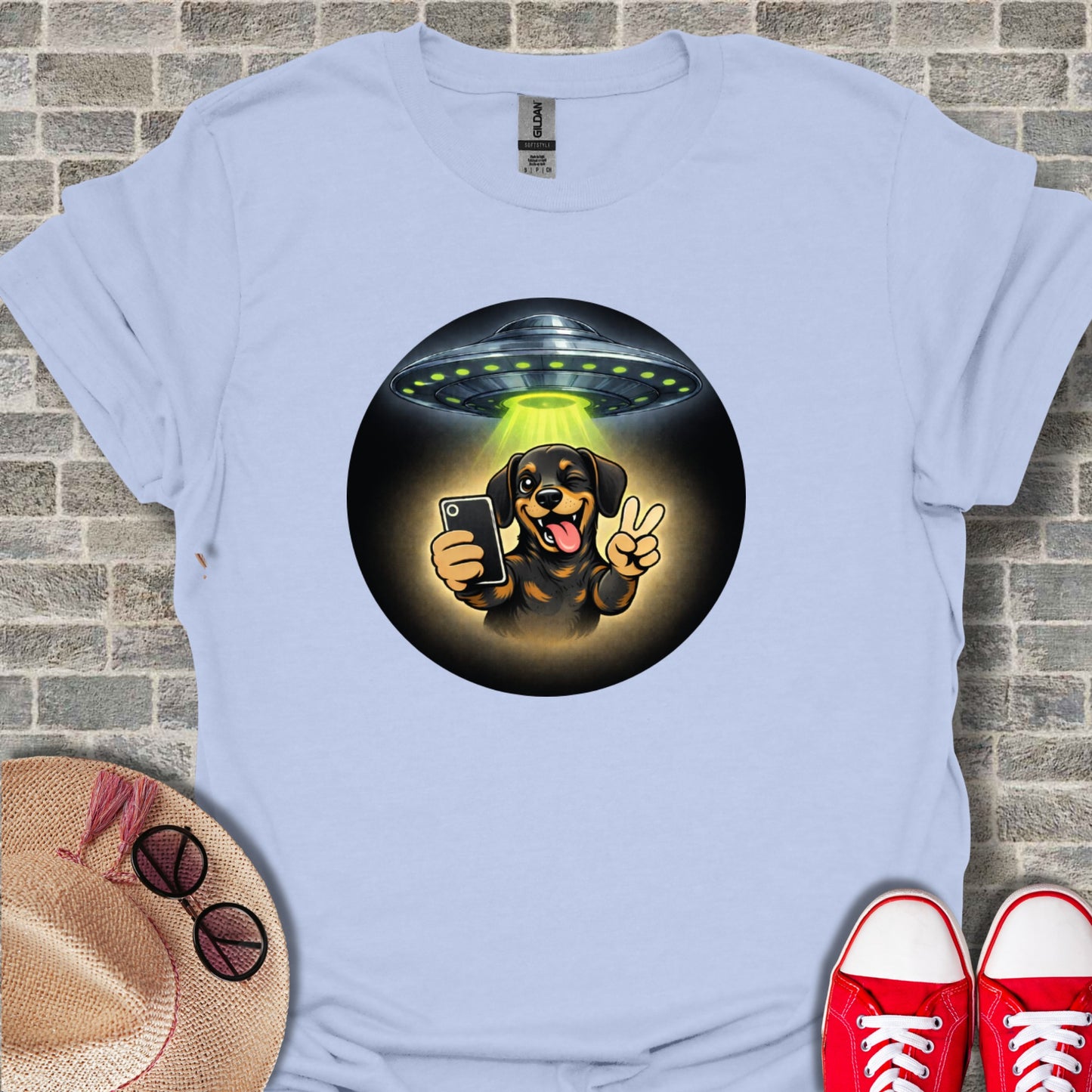 UFO Abducting Dog Selfie Peace Sign Graphic Tee