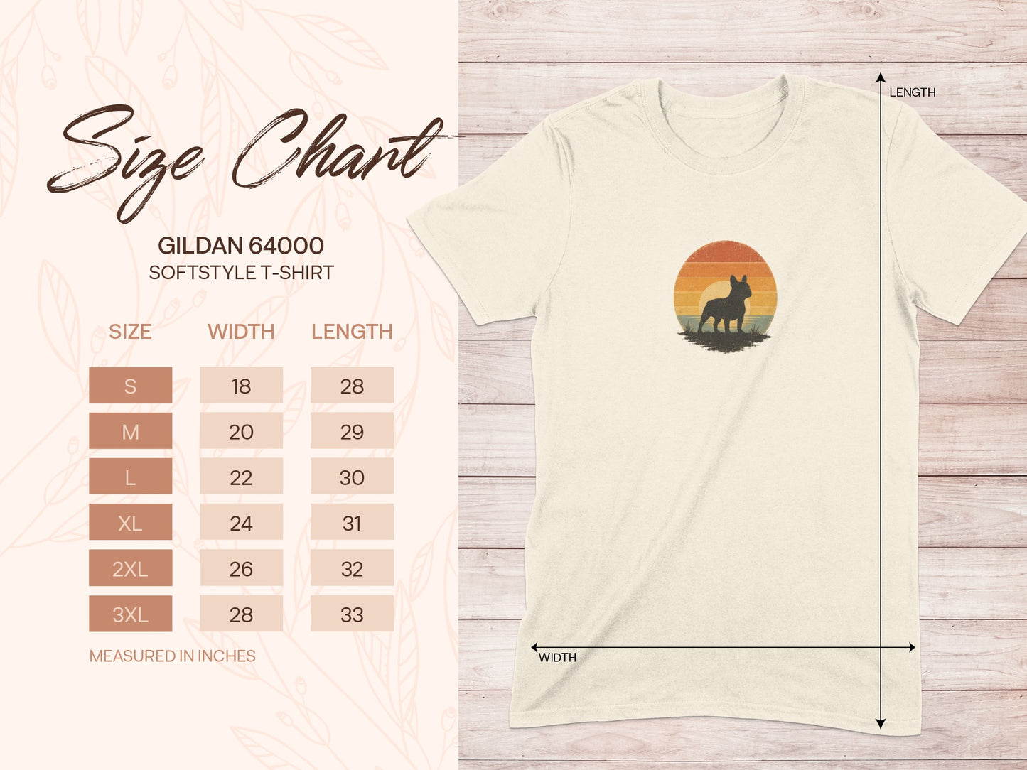 Gildan 64000 t-shirt size chart with measurements.