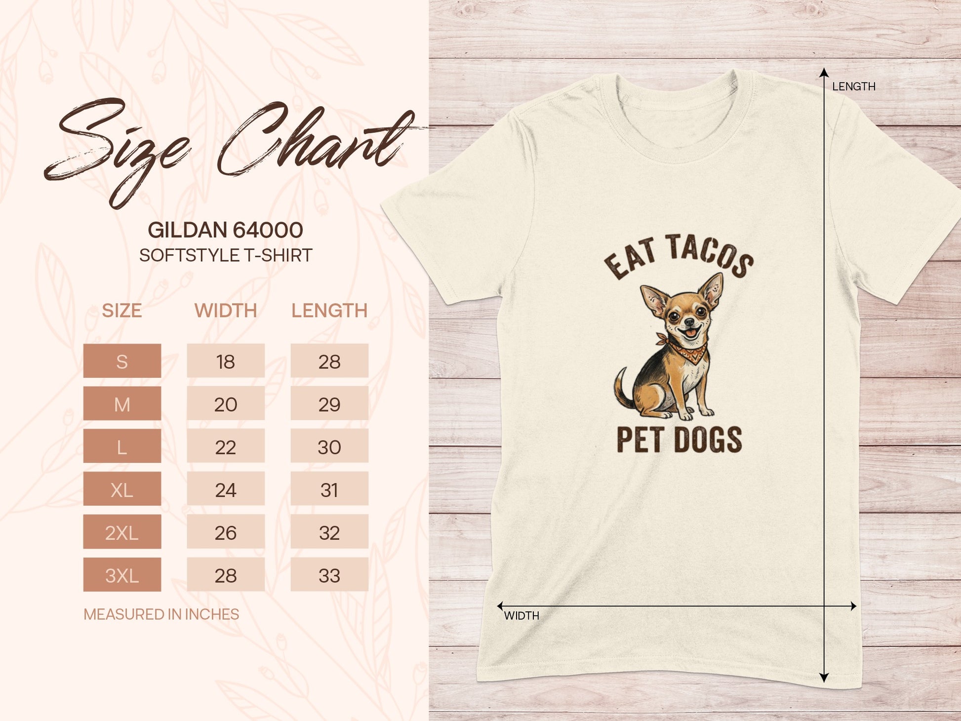 Gildan 64000 Softstyle t-shirt size chart with chihuahua graphic.