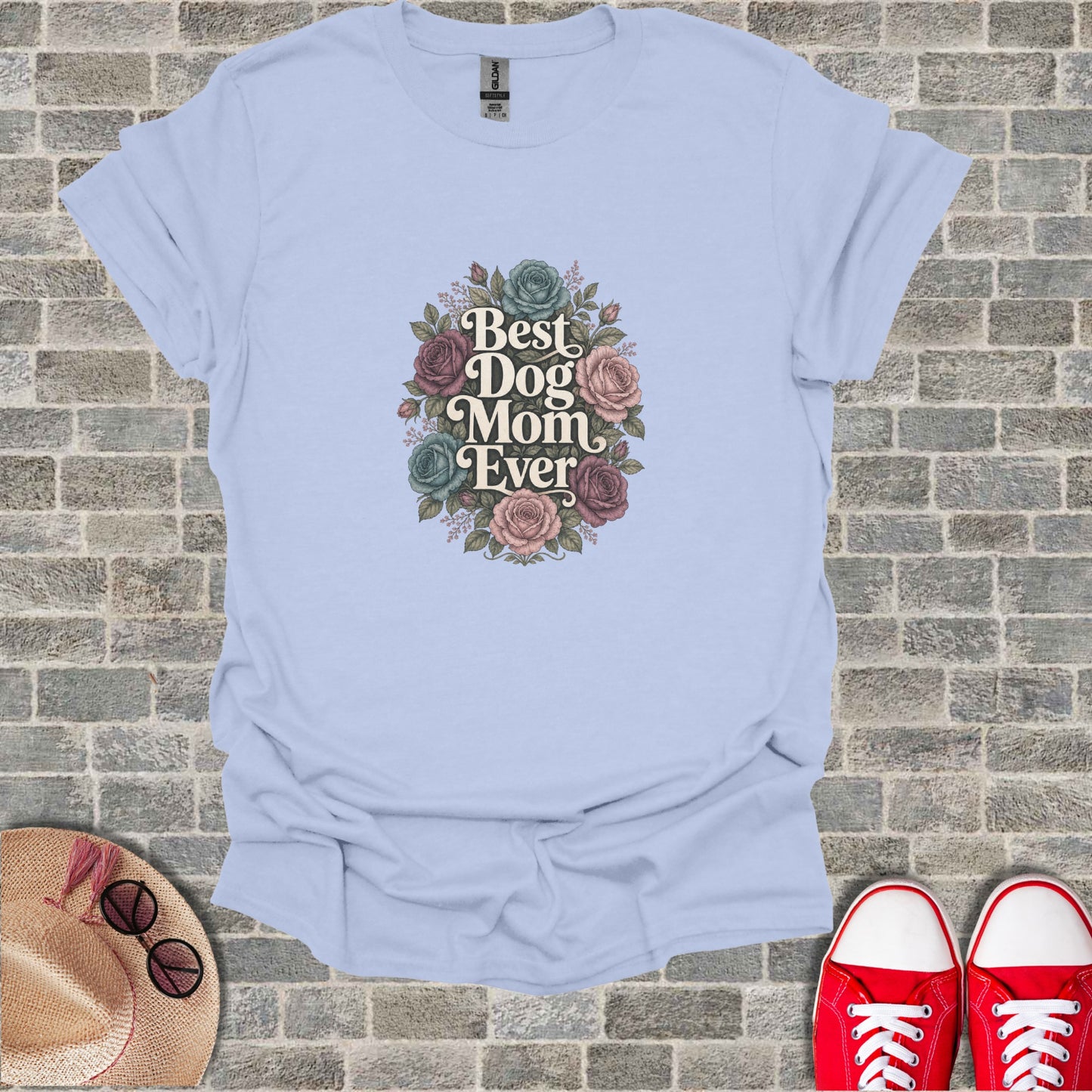 Light blue t-shirt with floral "Best Dog Mom Ever" text.