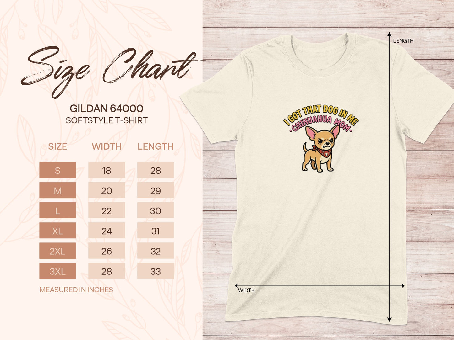 Gildan 64000 softstyle t-shirt size chart with chihuahua graphic.