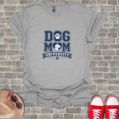 Gray t-shirt with "Dog Mom University" text and paw print.