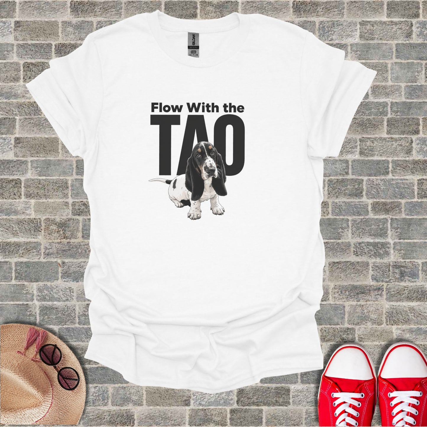 White t-shirt with "Flow With The TAO" and a Basset Hound graphic.