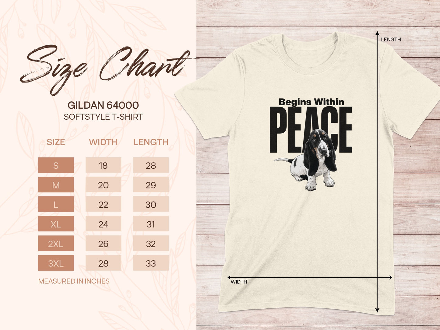 Gildan 64000 t-shirt size chart with dog graphic and "Begins Within PEACE" text.