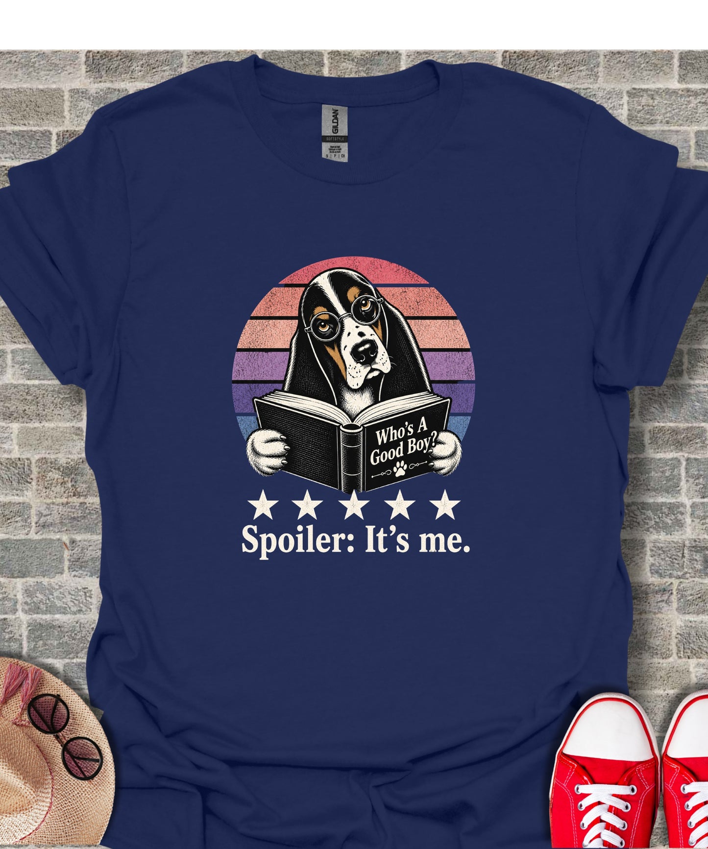 T-shirt with a Basset Hound wearing glasses reading a book.