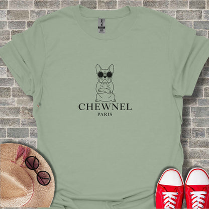 Chewnel parody design T-shirt with dog wearing glasses