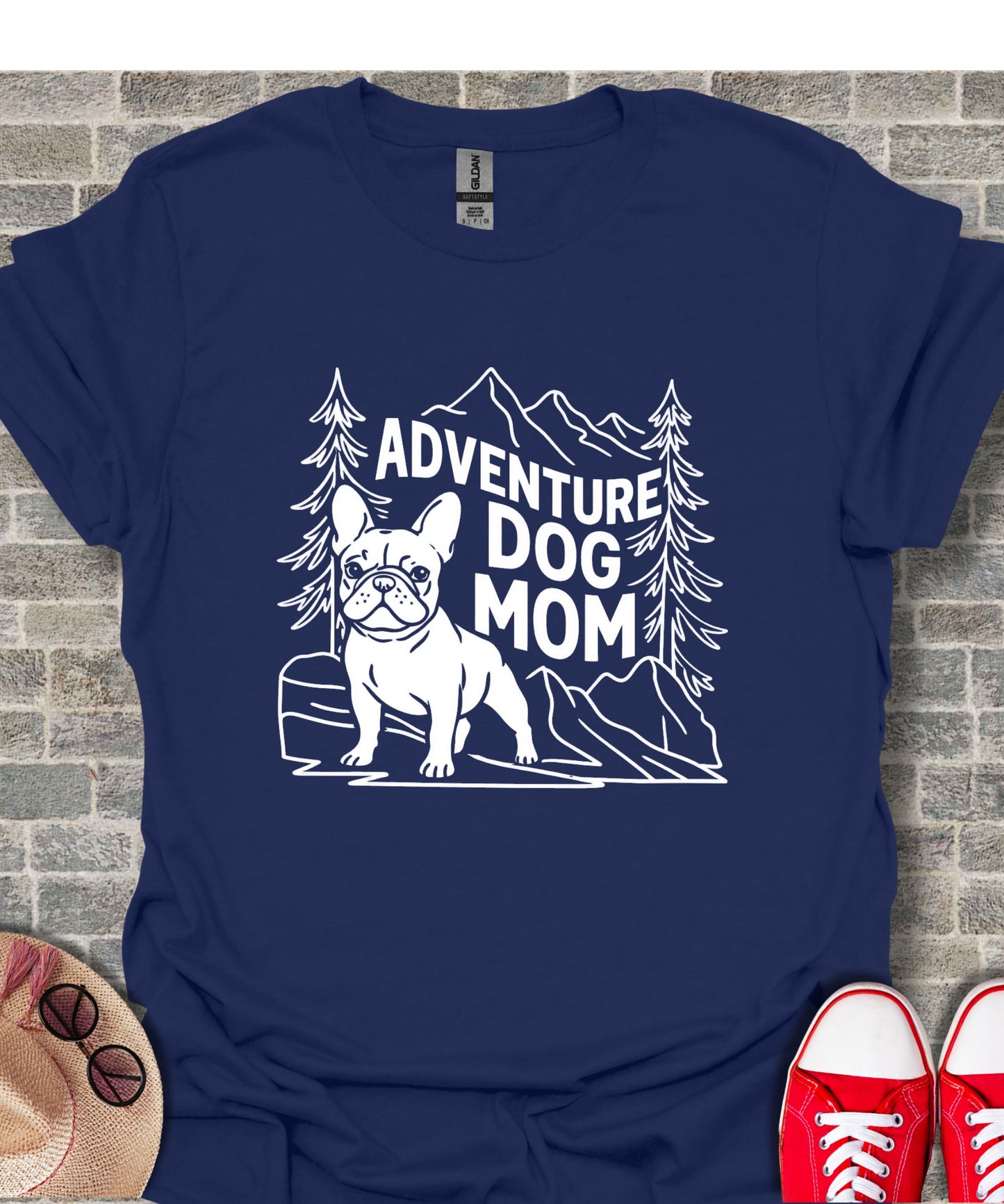 French bulldog on mountains with "Adventure Dog Mom" text.