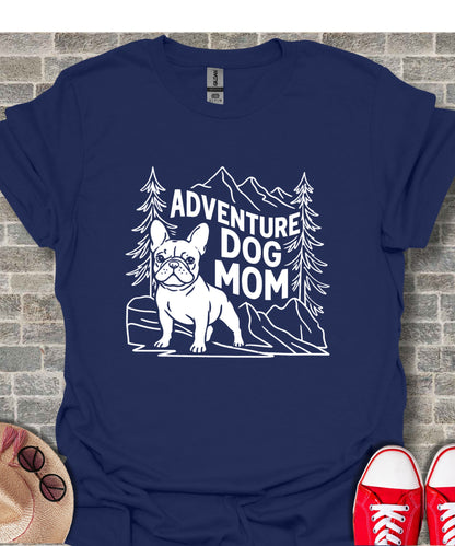 French bulldog on mountains with "Adventure Dog Mom" text.