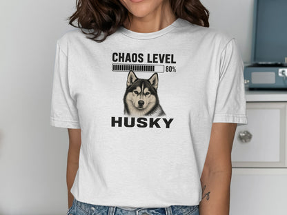 T-shirt with a husky's face and "Chaos Level 80% HUSKY" text.