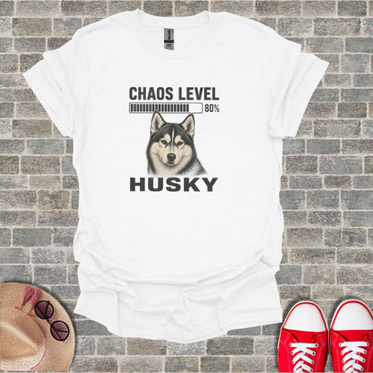 White t-shirt with "Chaos Level 80% Husky" text and husky dog illustration.
