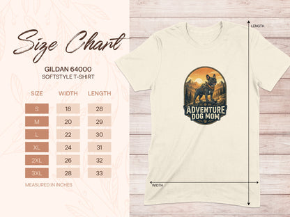 Gildan 64000 softstyle t-shirt size chart with "Adventure Dog Mom" graphic.