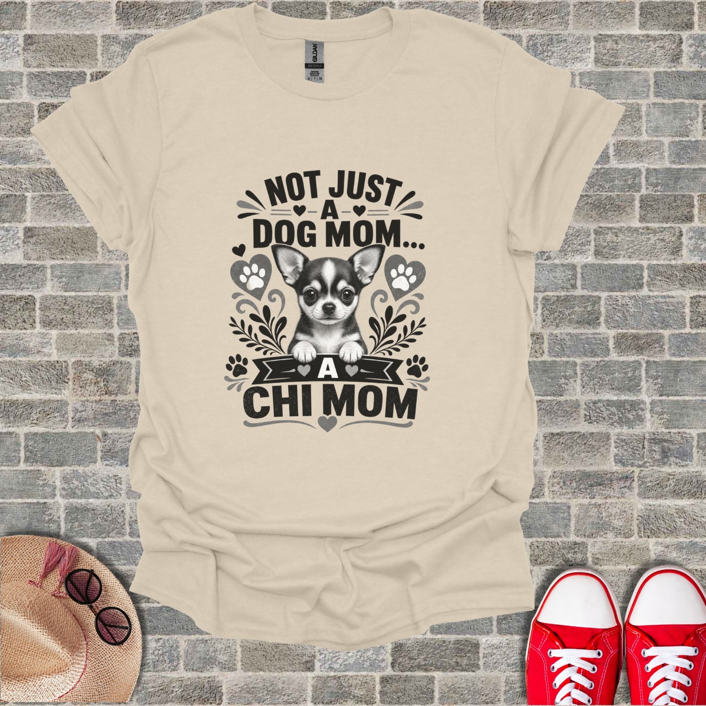 T-shirt with chihuahua graphic and text "Not Just a Dog Mom... A Chi Mom"