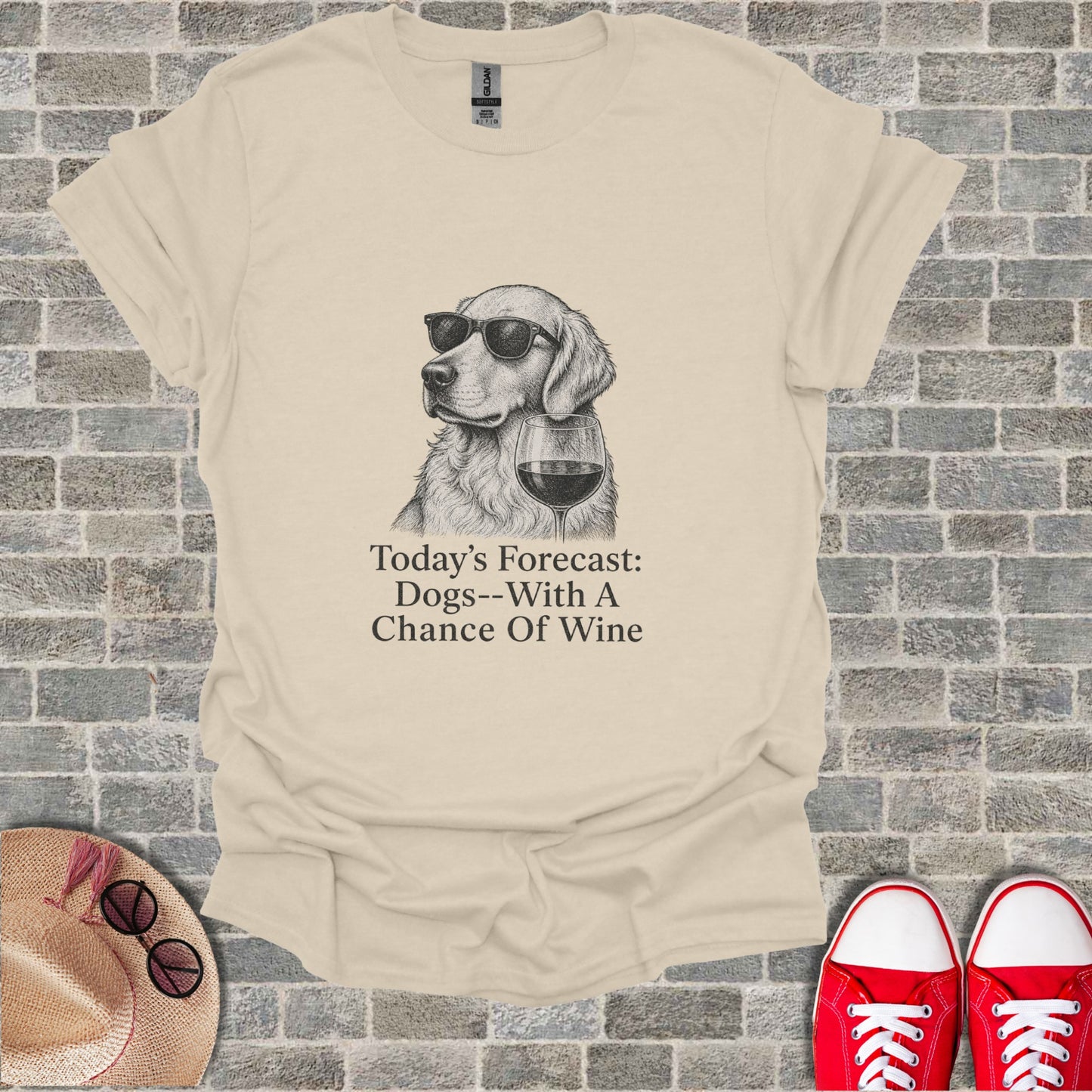 T-shirt with sketch of dog in sunglasses holding wine and text "Today's Forecast: Dogs--With A Chance Of Wine".
