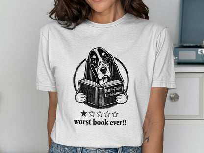 Basset hound wearing glasses reads a book titled "Bath-Time Enthusiasm".