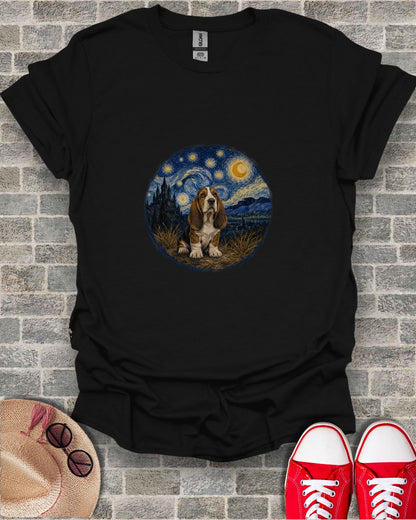 Black t-shirt featuring a Basset Hound in a starry night landscape.