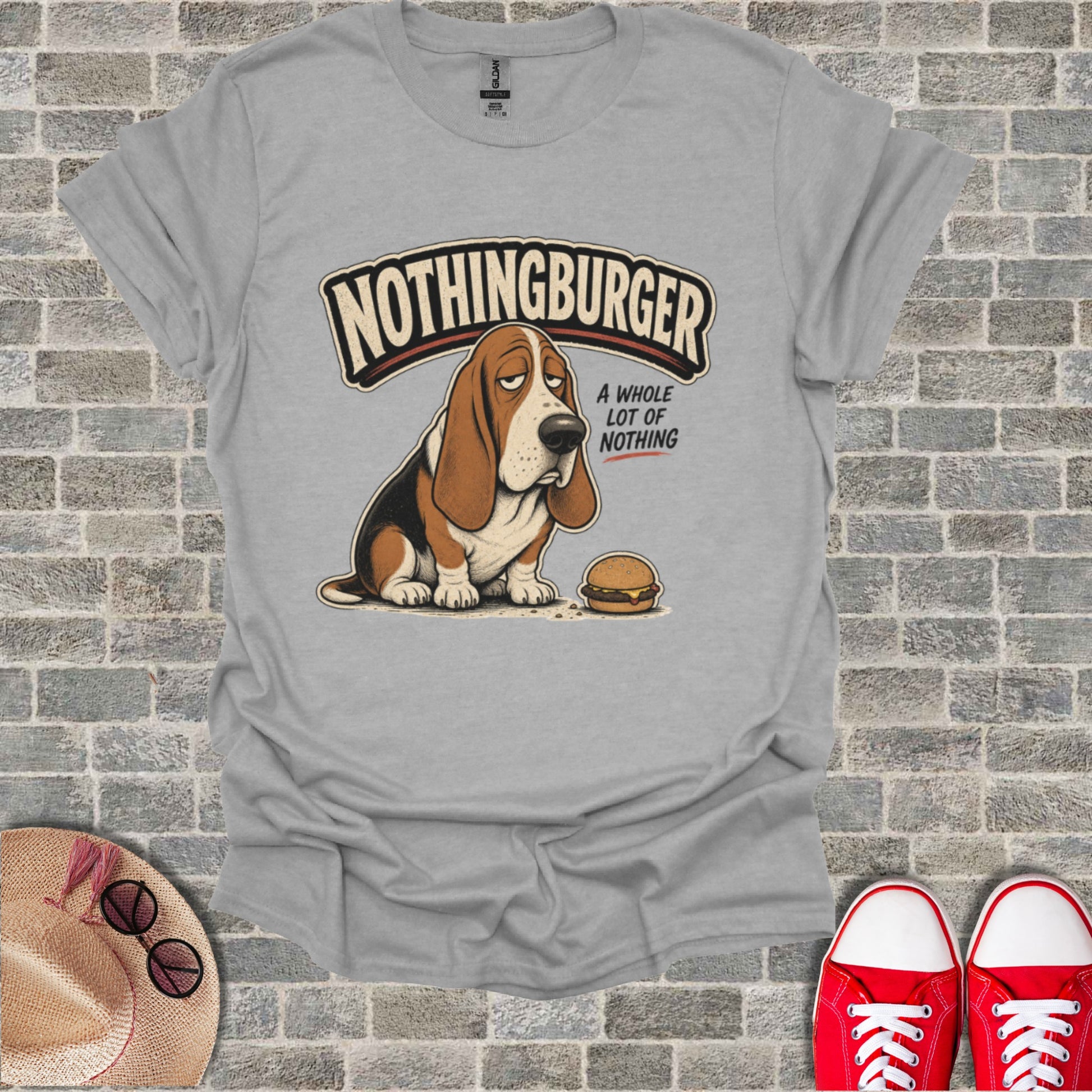 T-shirt with cartoon basset hound next to a burger and text "NOTHINGBURGER A WHOLE LOT OF NOTHING".