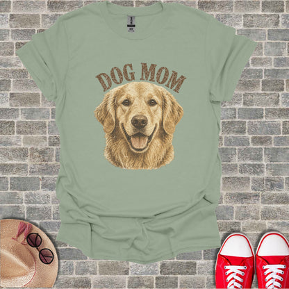 T-shirt with "DOG MOM" text and a smiling golden retriever dog graphic.
