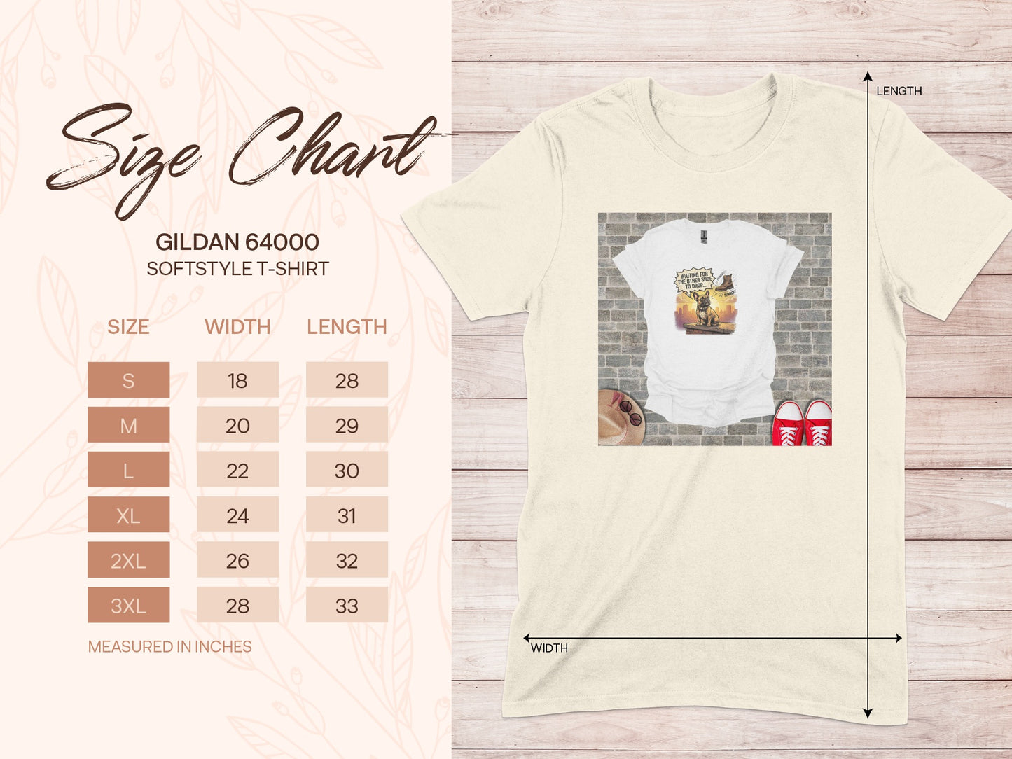 Gildan 64000 softstyle t-shirt size chart with graphic of person waiting.