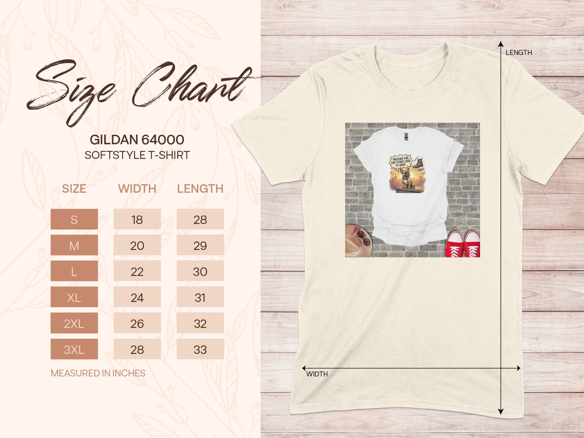 Gildan 64000 softstyle t-shirt size chart with graphic of person waiting.