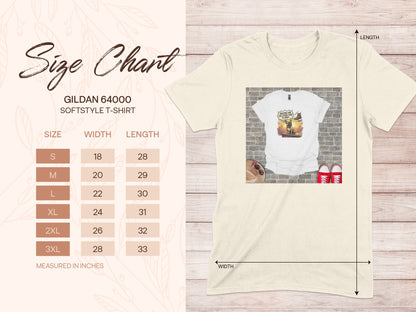 Gildan 64000 softstyle t-shirt size chart with graphic of person waiting.