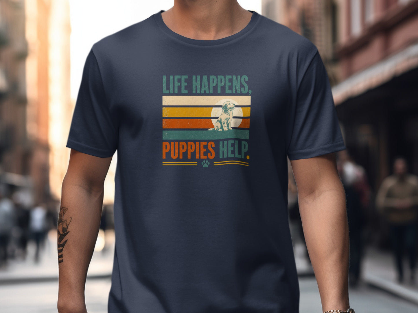 Dark blue t-shirt with "Life Happens, Puppies Help." text and a puppy graphic.