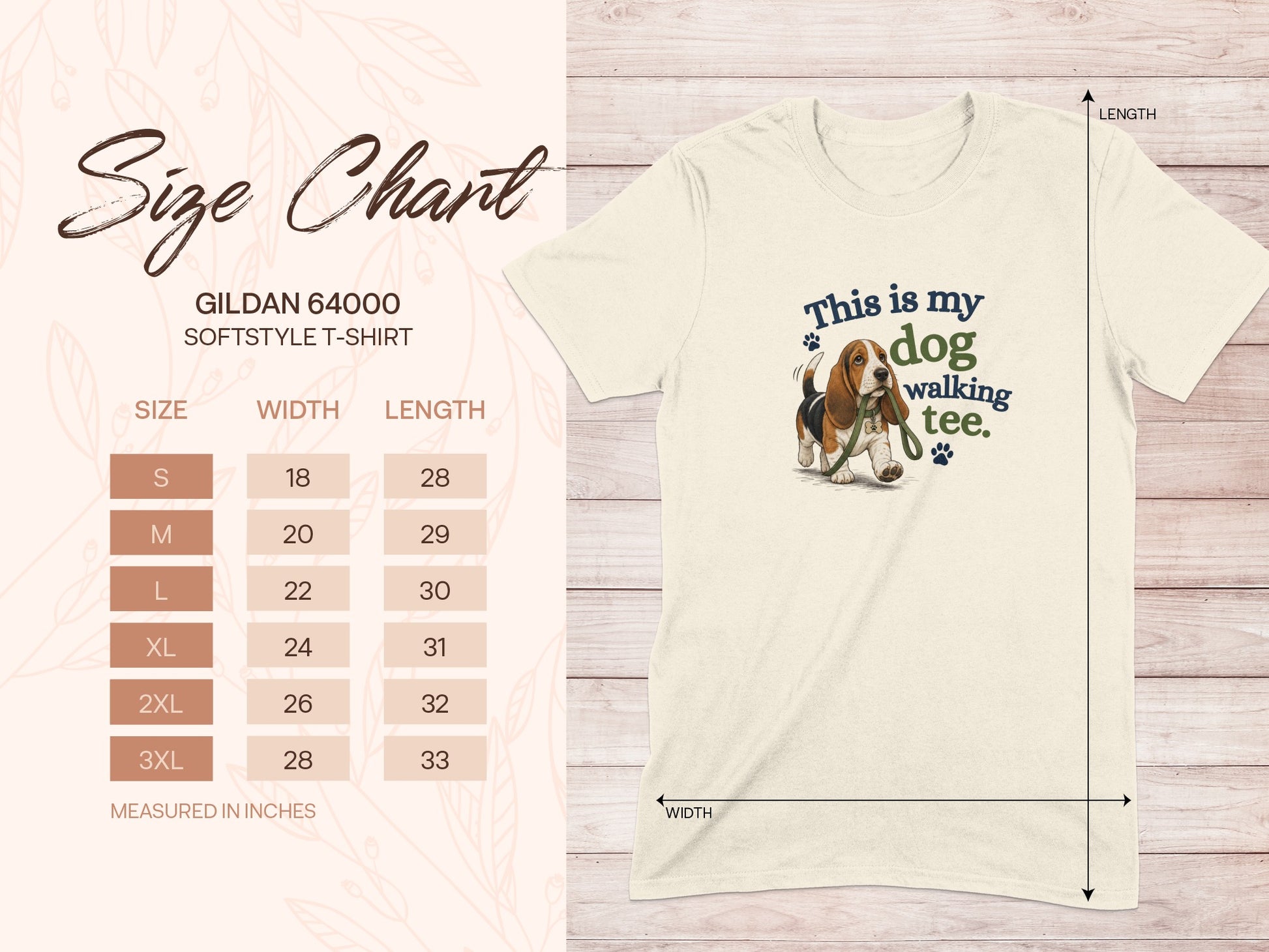 Gildan 64000 softstyle t-shirt size chart with dog graphic.