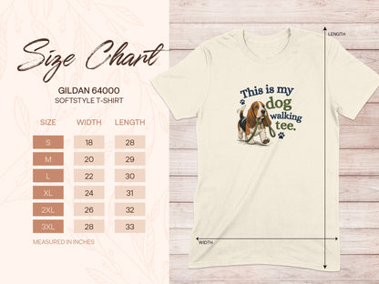 Gildan 64000 softstyle t-shirt size chart with dog graphic.