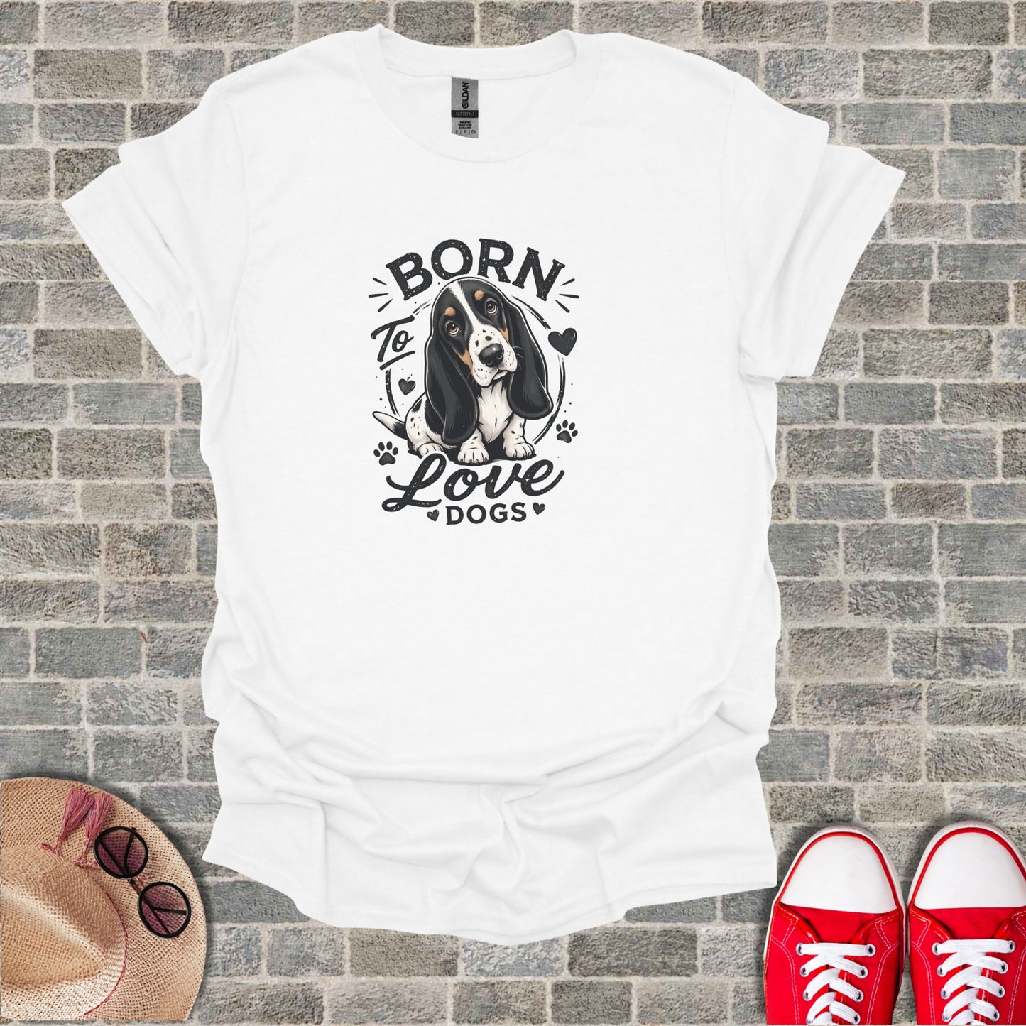 White t-shirt with "Born to Love Dogs" graphic and Basset Hound illustration.