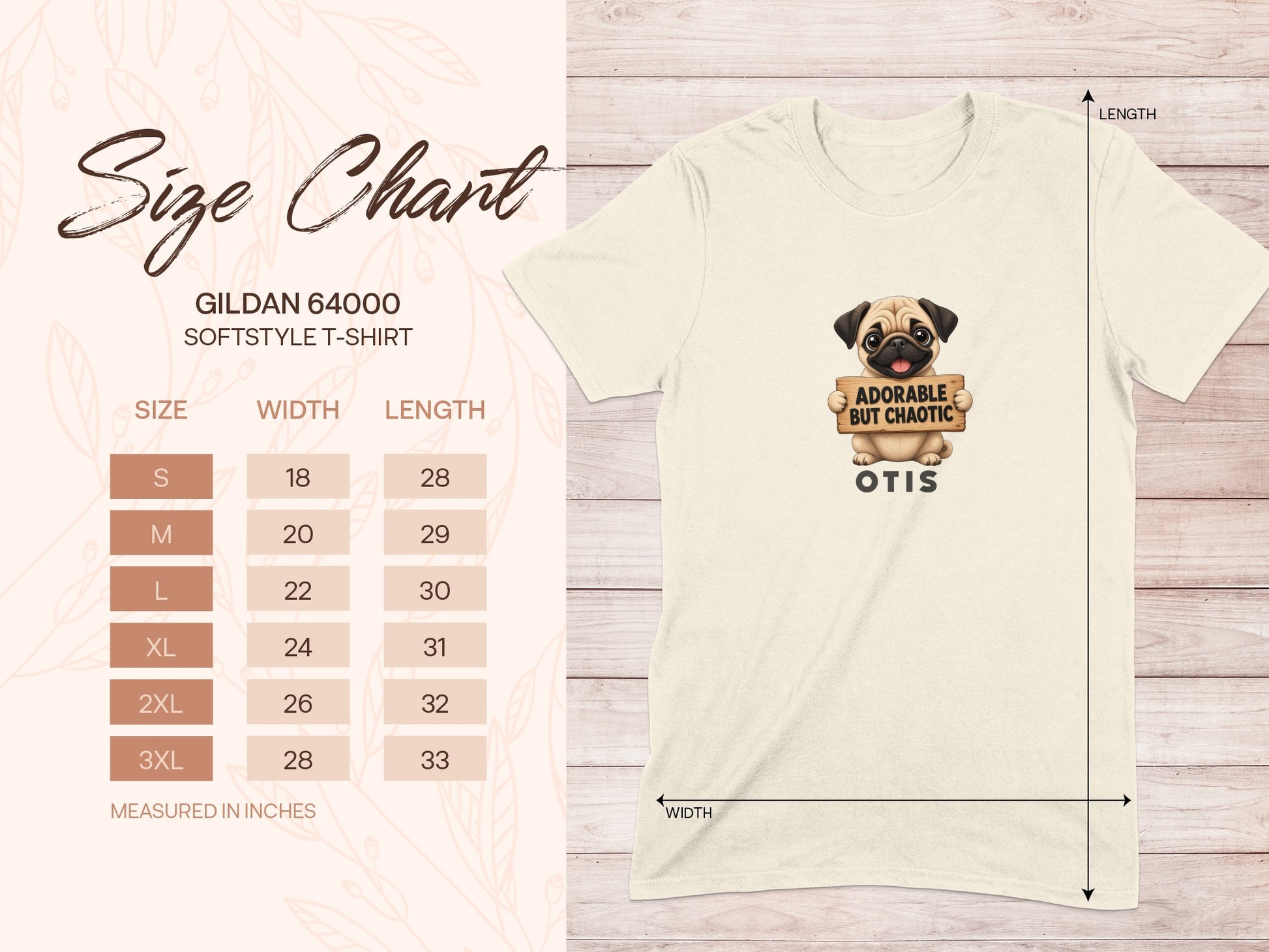 Size chart for Gildan 64000 Softstyle t-shirt with a pug graphic.