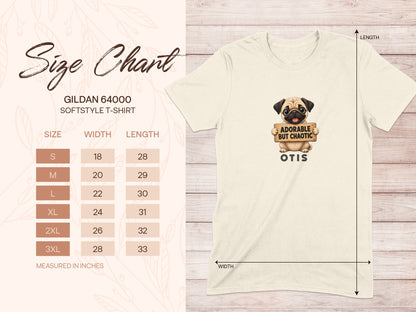 Size chart for Gildan 64000 Softstyle t-shirt with a pug graphic.